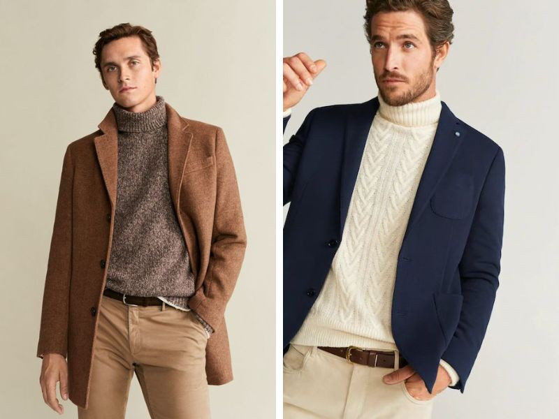 Áo blazer phối với áo len cổ form rộng