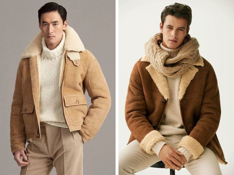 Áo len cổ lọ trắng mix cùng áo shearling cổ điển