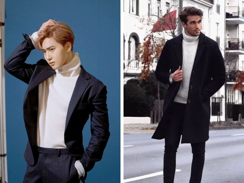 Áo len cổ lọ trắng phối áo blazer thanh lịch