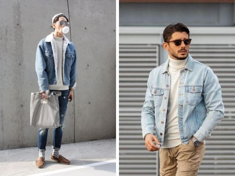 Áo len cổ lọ trắng phối áo khoác jeans cá tính