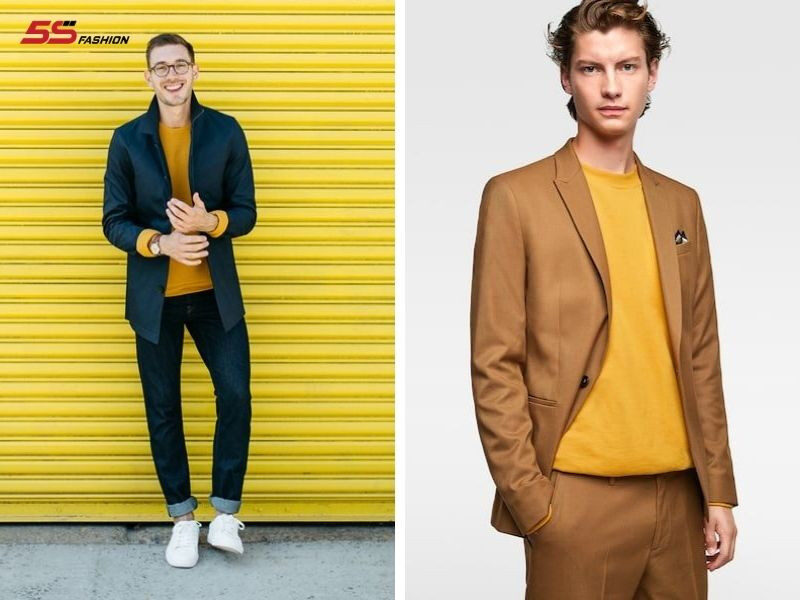 Áo thun vàng phối cùng áo blazer cho phong cách lịch thiệp, trẻ trung