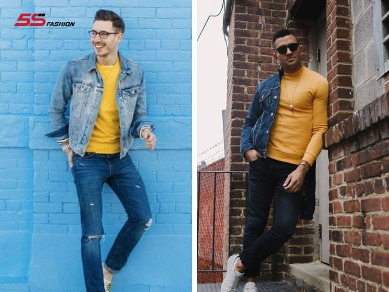 Áo thun vàng phối cùng áo khoác denim tạo phong cách năng động, cá tính