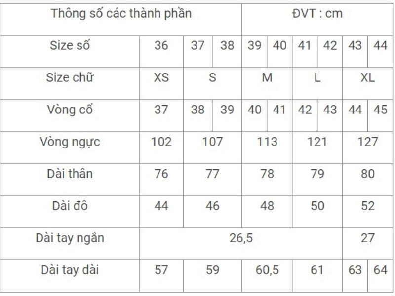 Bảng size áo sơ mi nam theo số đo cơ thể