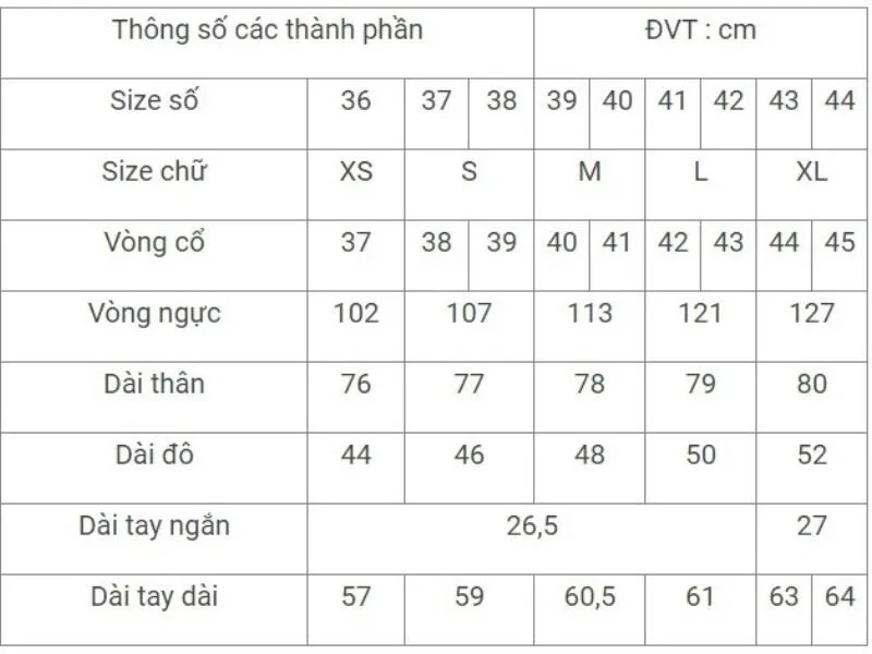 Bảng size áo sơ mi nam theo số đo cơ thể