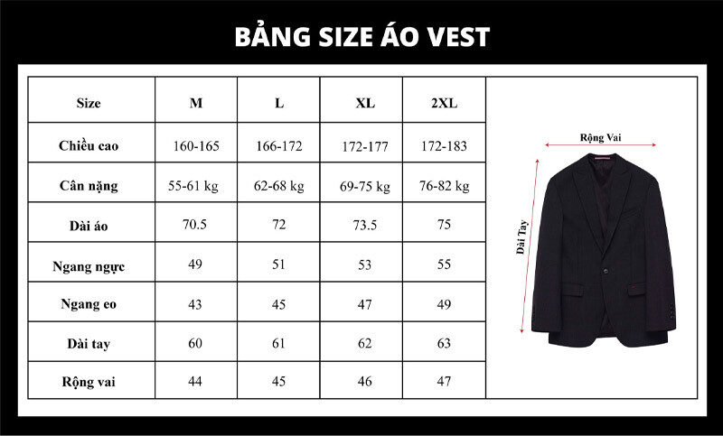 Bảng size áo vest Việt Nam