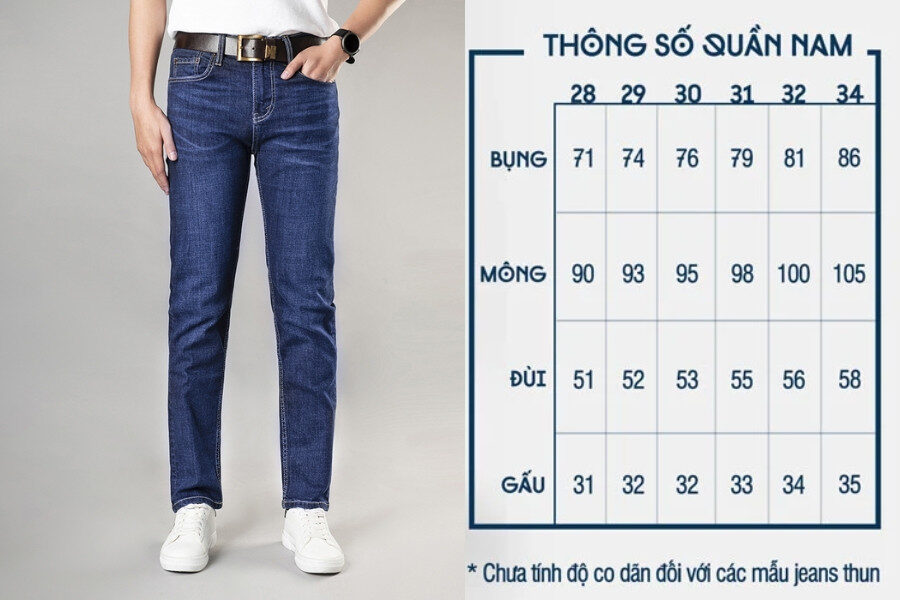 Bảng size quần jean nam