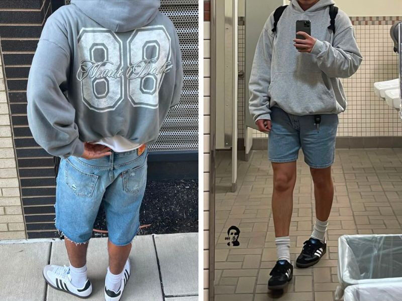 Phối áo hoodie form rộng và quần short jeans