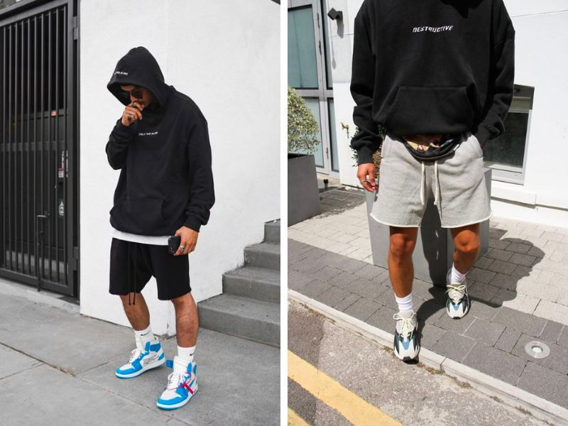 Phối áo hoodie in hình và quần short vải