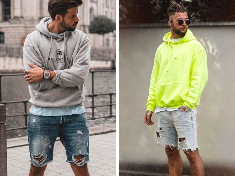 Phối áo hoodie và quần short denim rách