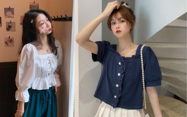 Áo cổ vuông tay bồng kiểu Pháp