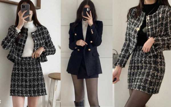 Phối áo khoác dạ tweed với áo thun cổ lọ