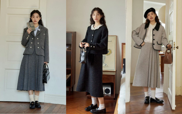 Phối áo khoác dạ tweed với chân váy xòe dài