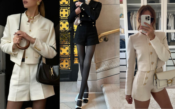 Phối áo khoác dạ tweed với quần sooc vải