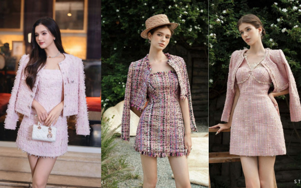 Phối áo khoác dạ tweed với váy liền thân