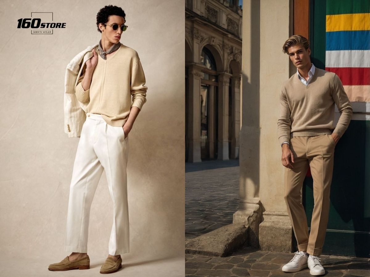 Áo len cổ tim phối với quần tây ấm áp, thanh lịch cho mùa đông