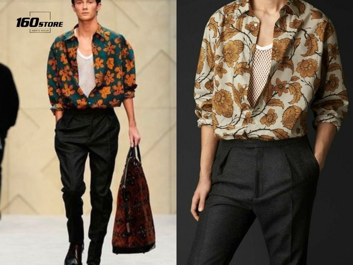 Phối áo sơ mi họa tiết khoác ngoài với quần tây ấn tượng